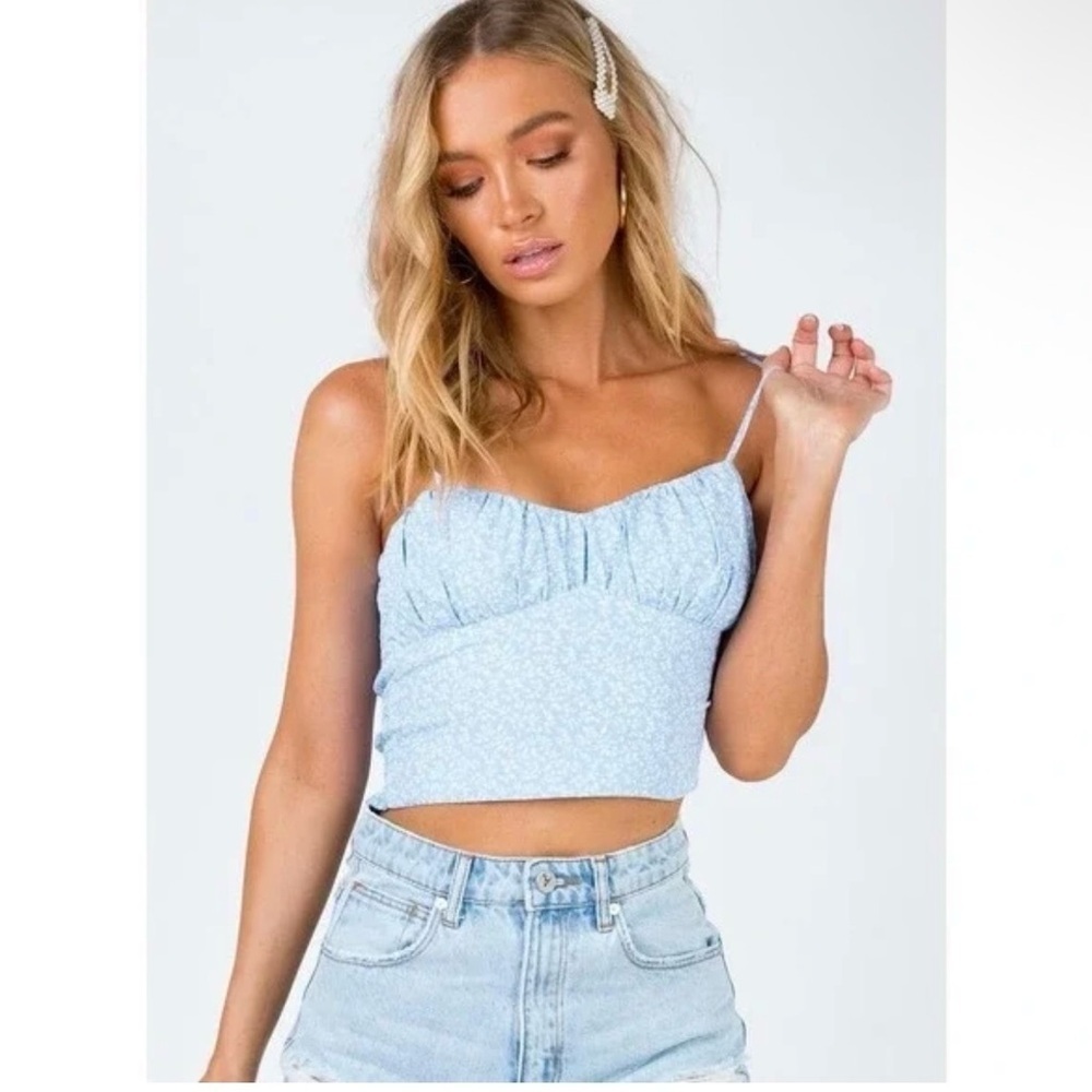 Princess Polly Tiarnie Crop Top Blue & White Ditsy Floral Print